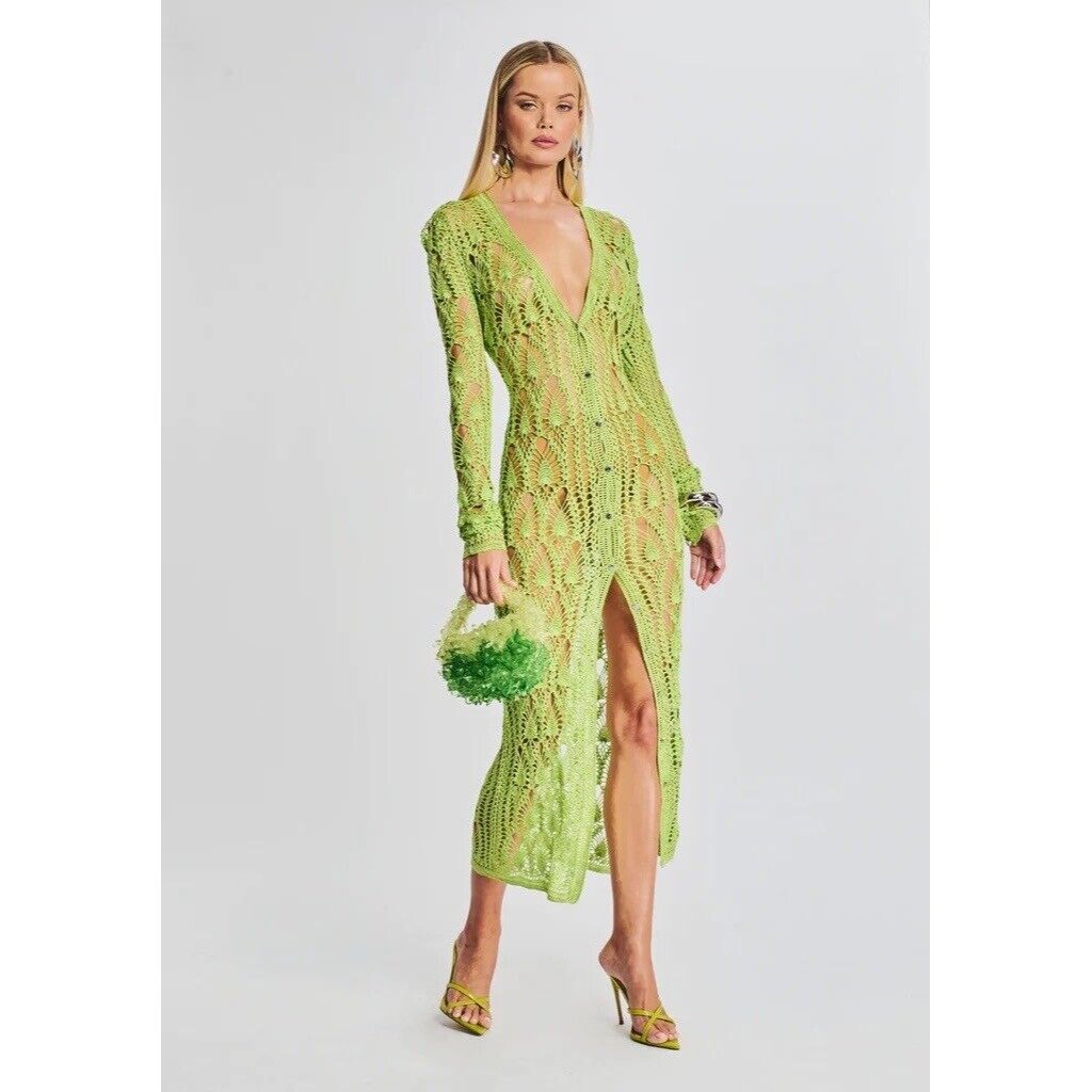 Ser.O.Ya Allison Crochet Cardigan Lime Green Long Cover Up